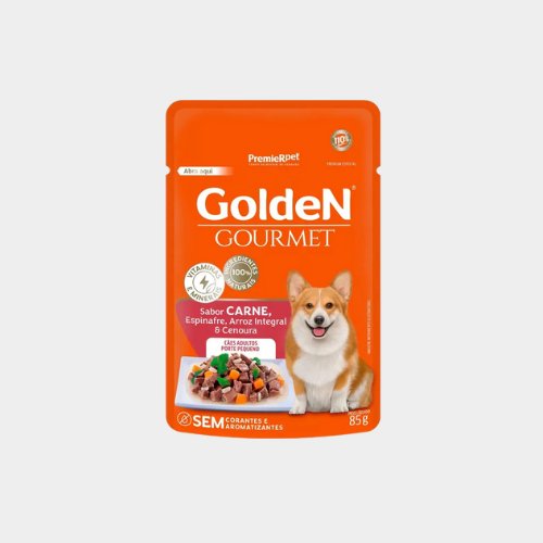 Sachê Golden Gourmet cães - carne, espinafre, arroz integral e cenoura - 85 grs