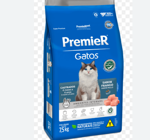 Premier Gatos Castrados - 6 meses a 6 anos - Sabor Frango- 1,5 Kg